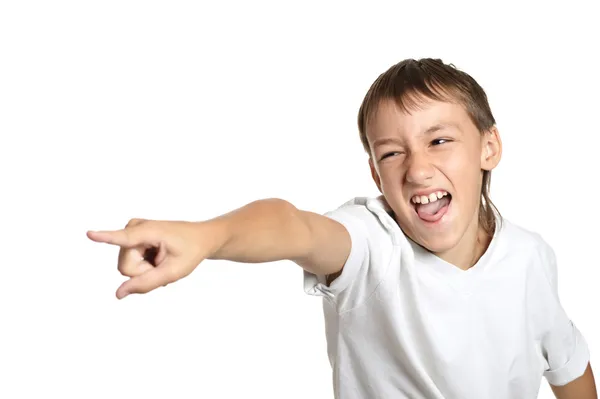 Adolescent garçon loughing isolé sur blanc fond — Photo