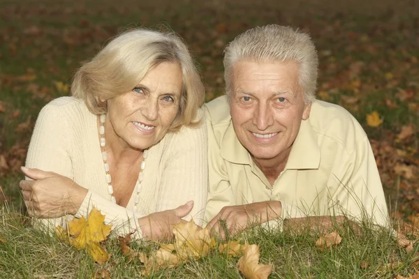 Feliz pareja de edad posando en el parque de otoño —  Fotos de Stock