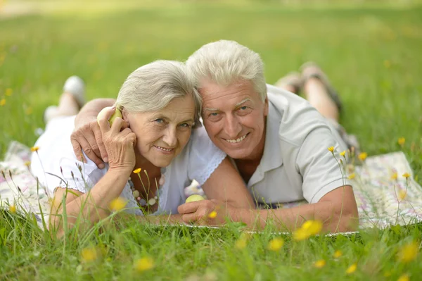 Beautiful Caucasian elderly couple lying on grass Stock Image