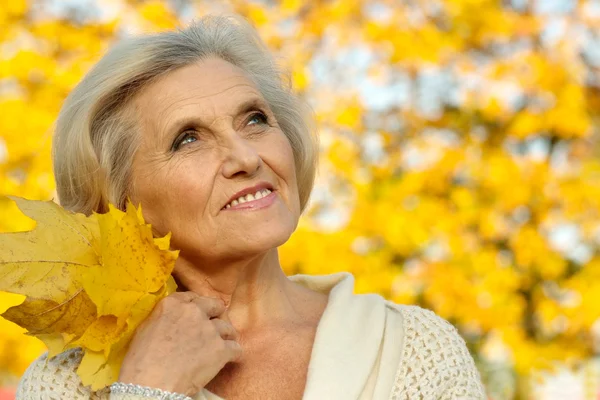 Vrouw staat op een achtergrond van de gele herfst — Stockfoto