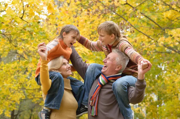 Älteres Ehepaar und Enkelkinder ruhen sich aus — Stockfoto