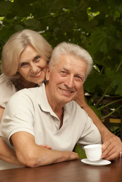 Ouder koppel toppen zittend op de veranda — Stockfoto