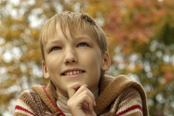 Ευτυχισμένο αγόρι χαλαρωτικό το φθινόπωρο — Φωτογραφία Αρχείου