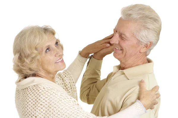 Beautiful old couple dancing on white — Stock Photo, Image