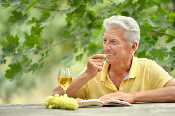 Vecchio che beve vino e legge un libro — Foto Stock