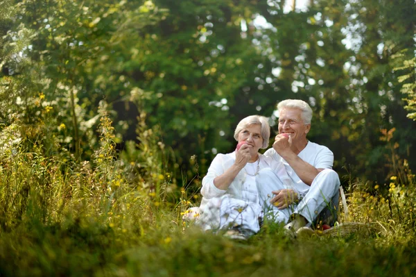 O velho casal sentado na grama e comendo maçãs — Fotografia de Stock
