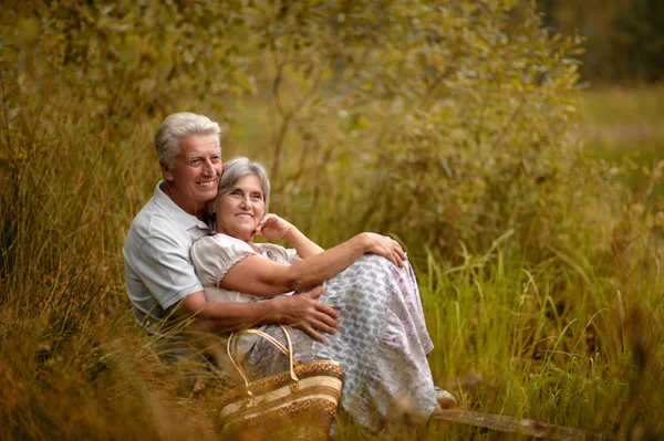 Para starych, siedząc na trawie, w pobliżu jeziora — Zdjęcie stockowe