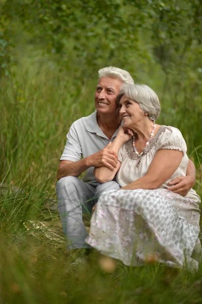 Altes Paar sitzt im Gras — Stockfoto