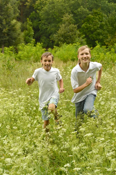 Two brothers running in nature — Stock Photo, Image