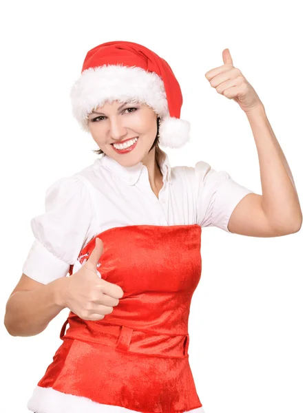 Femme mignonne en bonnet rouge sur un blanc — Photo