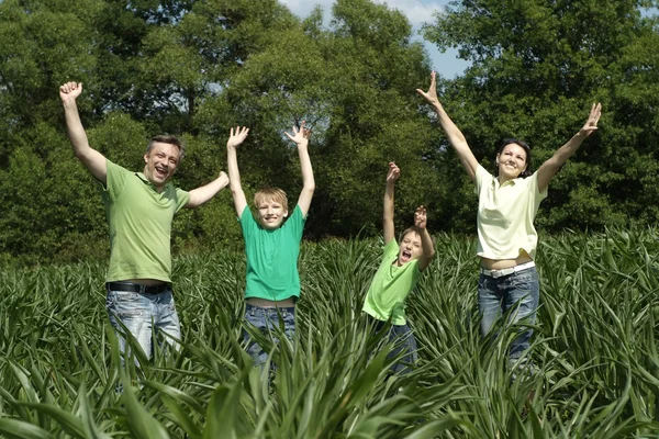 Familj på fyra i sommaren park — Stockfoto