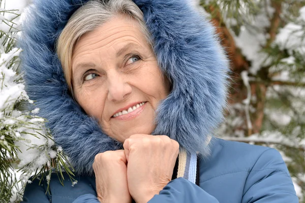 Portrait of a nice old woman in the winter — Stock Photo, Image