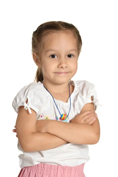 Милая эмоциональная маленькая девочка на белом фоне — стоковое фото