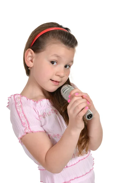 Menina cantando em um fundo branco — Fotografia de Stock