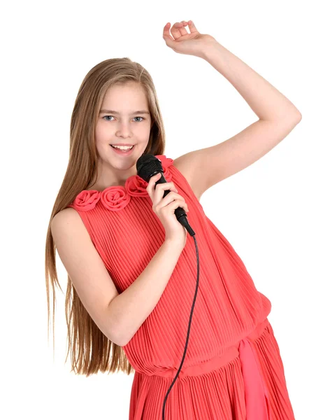 Chica cantando sobre un fondo blanco — Foto de Stock