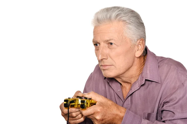 Elderly man play computer game — Stock Photo, Image