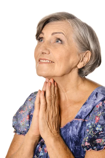 Carino vecchia donna su uno sfondo bianco — Foto Stock