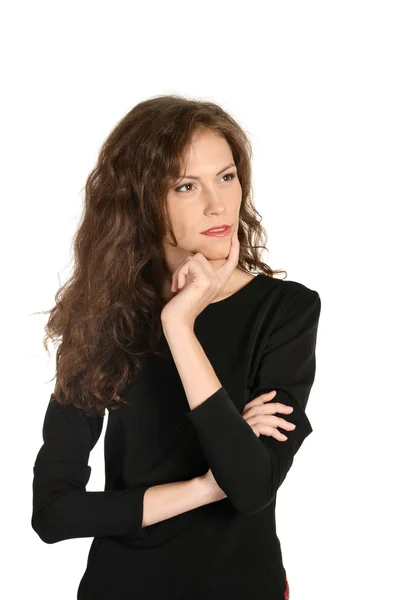 Thinking woman in black dress — Stock Photo, Image