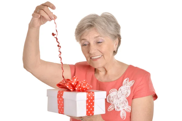 Elderly woman with gift — Stock Photo, Image