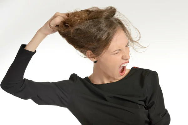 Mulher estressada em vestido preto — Fotografia de Stock