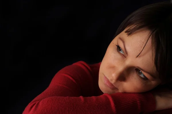 Pretty sad Caucasian girl sitting — Stock Photo, Image