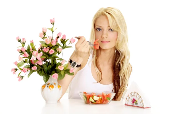 Comer loira sentou-se em uma dieta — Fotografia de Stock