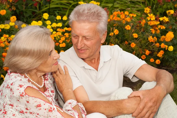 Glad elderly couple in the park — Stock Photo, Image