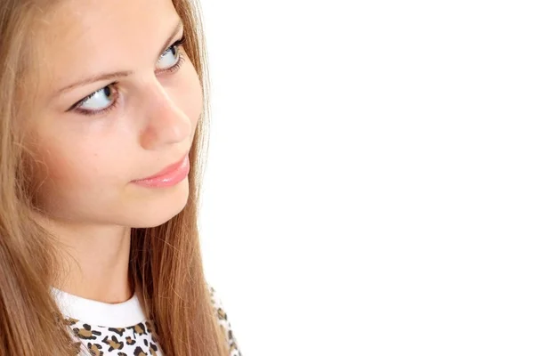 Pensive girl in a leopard jacket — Stock Photo, Image