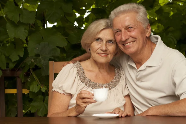 Schattig bejaarde echtpaar zittend op de veranda — Stockfoto