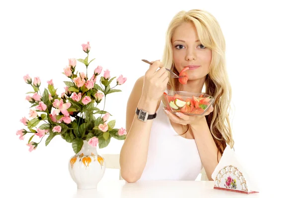 Happy blonde sat on a diet — Stock Photo, Image