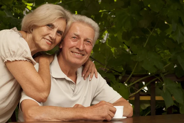 Pleasant older couple sitting on the veranda — Stock Photo, Image