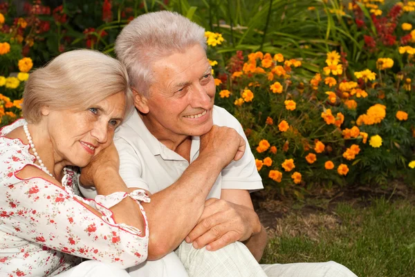 Thoughtful elderly couple in the park — Stock Photo, Image
