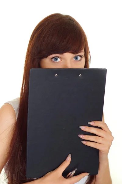 Wonder brunette in a strict dress on a white background — Stock Photo, Image