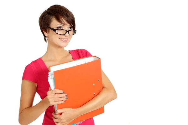 Sweet businesswoman in a coral dress — Stock Photo, Image