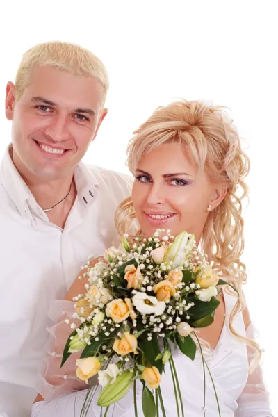 Woman in a white dress with man — Stock Photo, Image