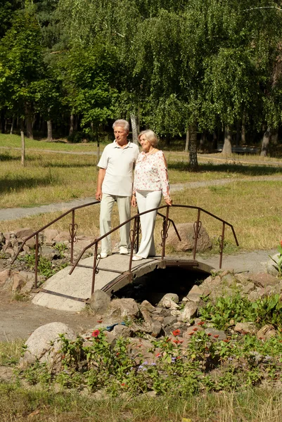 Beautiful elderly couple in the garden — Stock Photo, Image