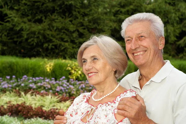 公園での高齢者のカップルの笑みを浮かべてください。 — ストック写真