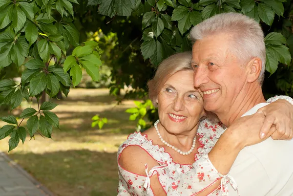 Pensive elderly couple in the park — Stock Photo, Image