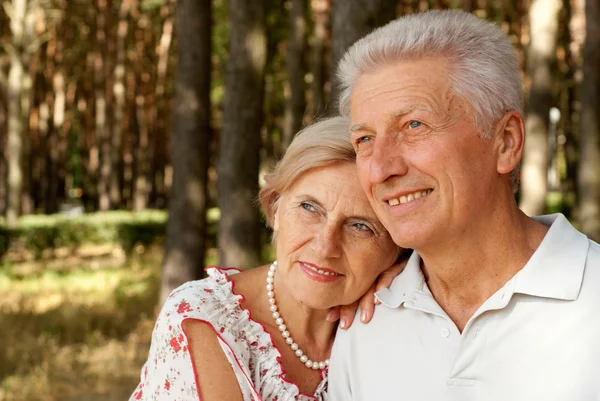 Glad elderly couple in the forest — Stock Photo, Image