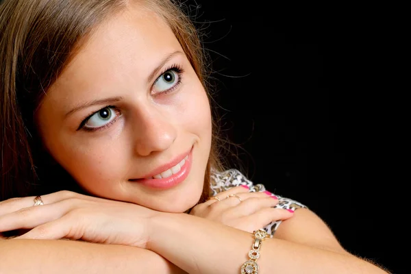 Friendly female in a leopard jacket — Stock Photo, Image