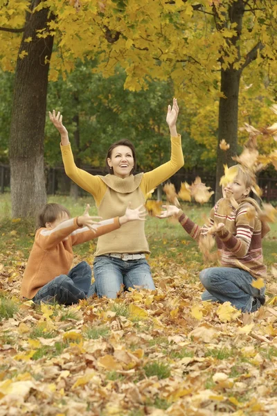Anne ve çocukları sonbahar yaprakları atma — Stok fotoğraf