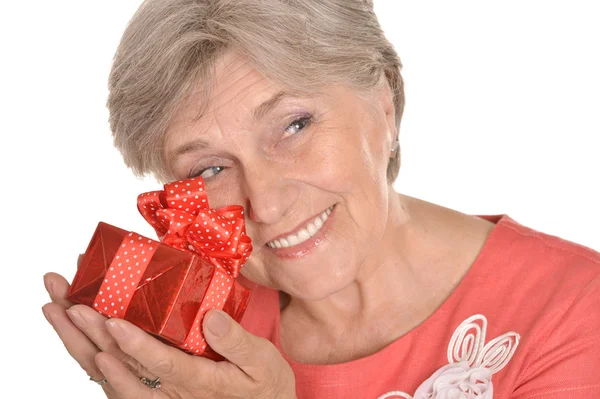 Elderly woman with gift — Stock Photo, Image