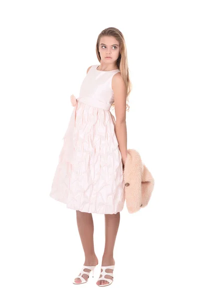 Pretty teenage girl in a white dress — Stock Photo, Image