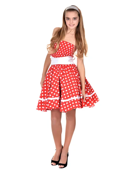赤いドレスを着てはかなり 10 代の少女 — ストック写真