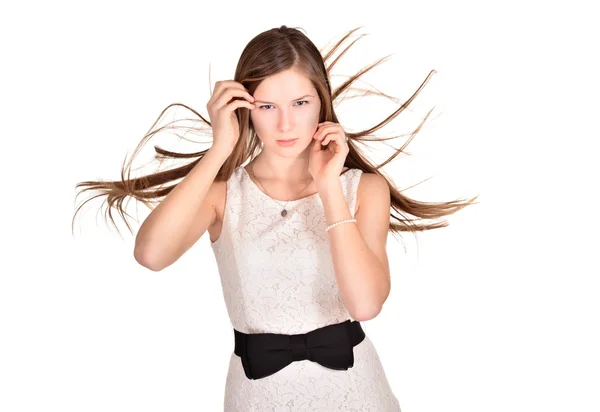 Girl in a white dress with a black bow — Stock Photo, Image