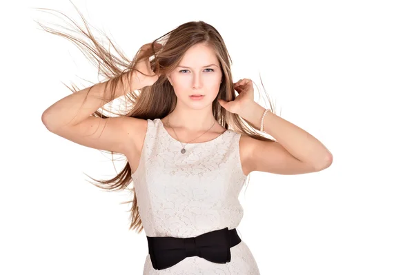 Girl in a white dress with a black bow — Stock Photo, Image