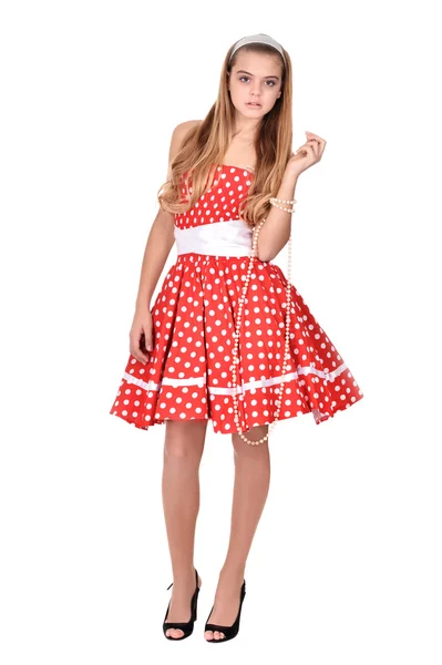 Menina adolescente bonita em um vestido vermelho — Fotografia de Stock