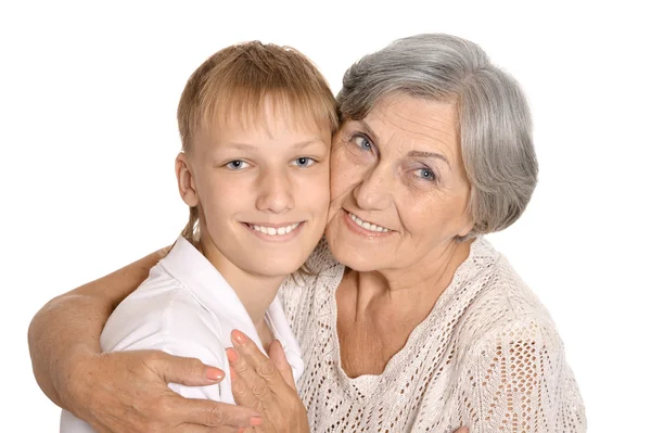 Granny hugging his grandson — Stock Photo, Image