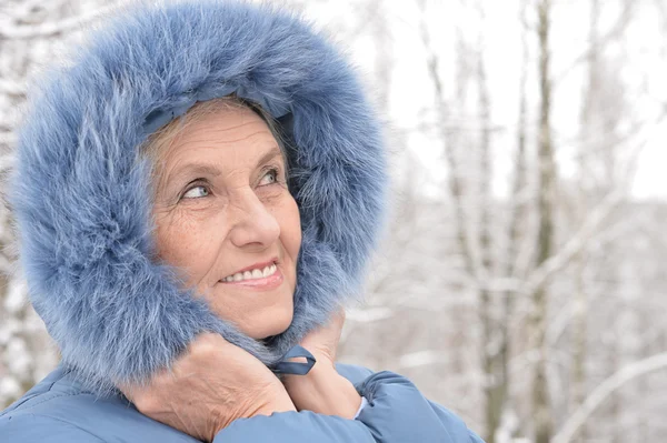 Retrato de uma mulher velha agradável no inverno — Fotografia de Stock