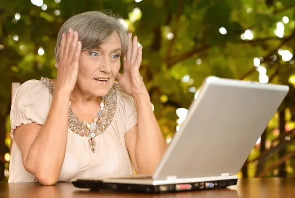 Bilgisayar açık havada yaşlı kadınla — Stok fotoğraf